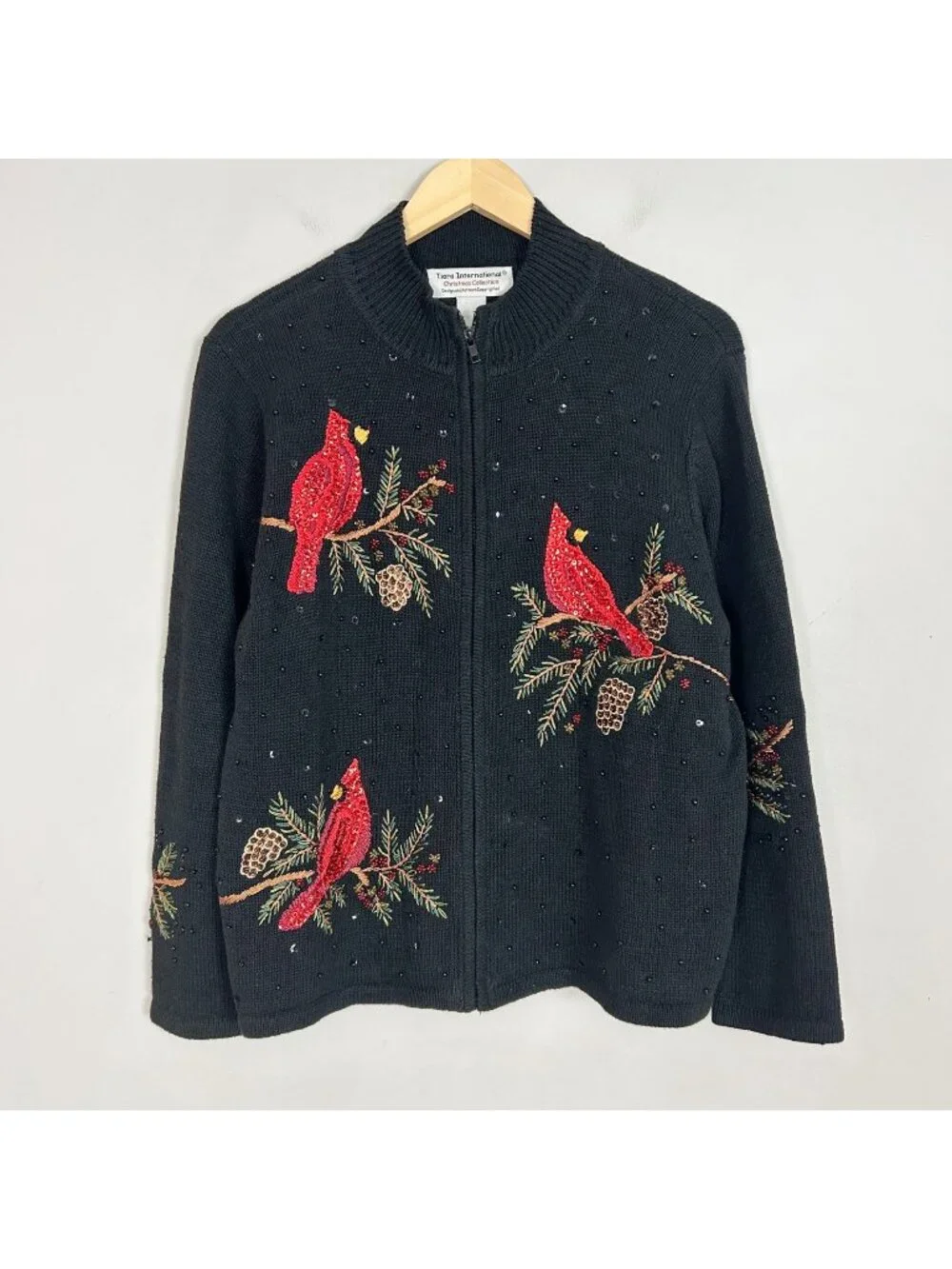 Vintage Women's Christmas Holiday Sweater Winter Red Cardinals Sequined Sz Large